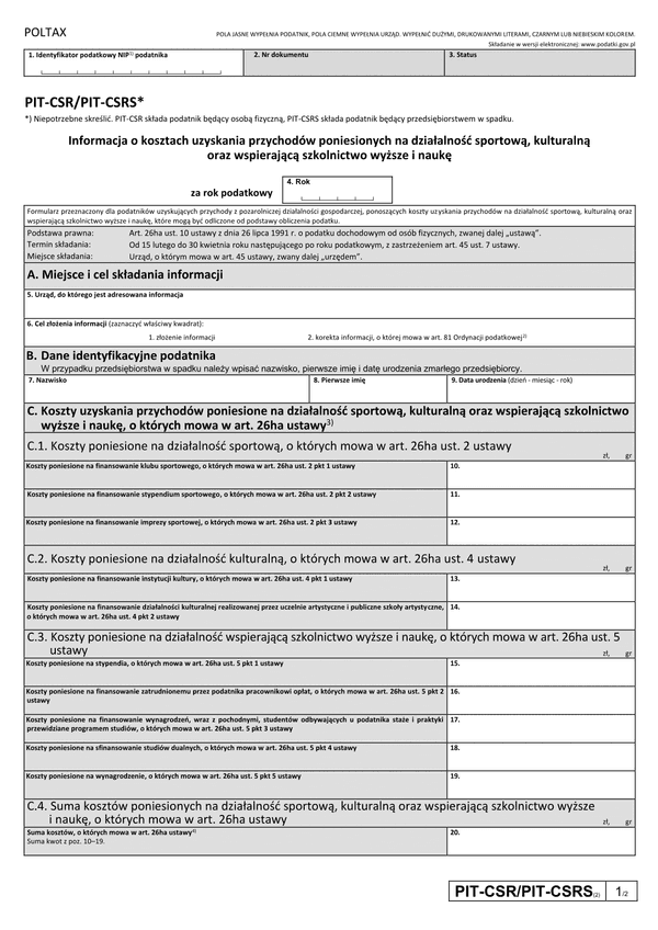 PIT-CSR/PIT-CSRS (2) Informacja o kosztach uzyskania przychodów poniesionych na działalność sportową, kulturalną oraz wspierającą szkolnictwo wyższe i naukę