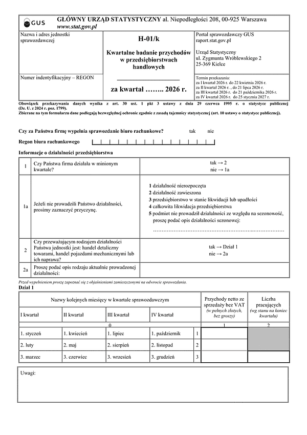 GUS H-01/k (2026) Kwartalne badanie przychodów w przedsiębiorstwach handlowych