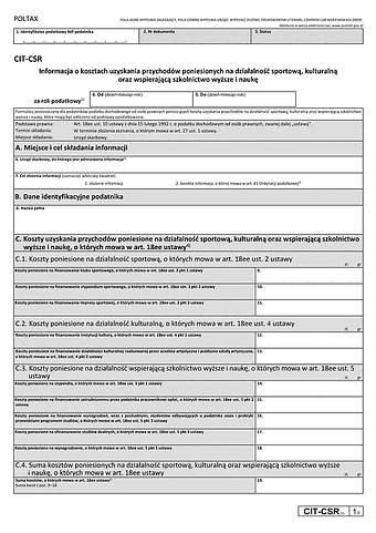 CIT-CSR (2) Informacja o kosztach uzyskania przychodów poniesionych na działalność sportową, kulturalną oraz wspierającą szkolnictwo wyższe i naukę