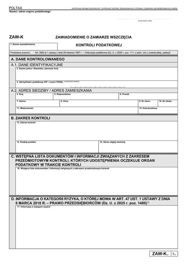 ZAW-K (5) Zawiadomienie o zamiarze wszczęcia kontroli podatkowej