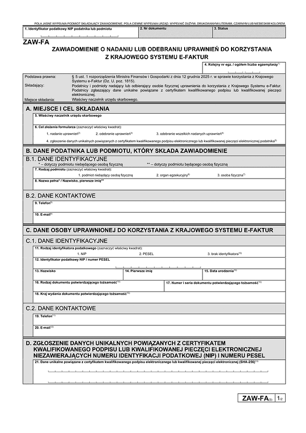 ZAW-FA Zawiadomienie o nadaniu lub odebraniu uprawnień do korzystania z Krajowego Systemu e-Faktur (KSeF)