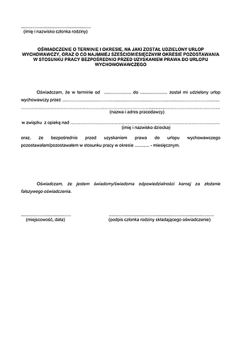 OTiO Oświadczenie o terminie i okresie, na jaki został udzielony urlop wychowawczy, oraz o co najmniej sześciomiesięcznym okresie pozostawiania w stosunku pracy bezpośrednio przed uzyskaniem prawa do urlopu wychowawczego