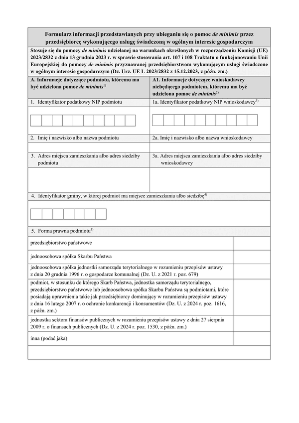 DMPOIG Formularz informacji przedstawianych przy ubieganiu się o pomoc de minimis przez przedsiębiorcę wykonującego usługę świadczoną w ogólnym interesie gospodarczym