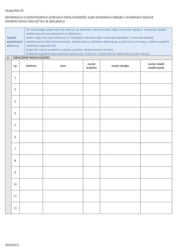 ZD mz Załącznik do deklaracji DM i DZ - Informacja o dodatkowych adresach nieruchomości albo numerach obrębu i numerach działek ewidencyjnych nieujętych w deklaracji