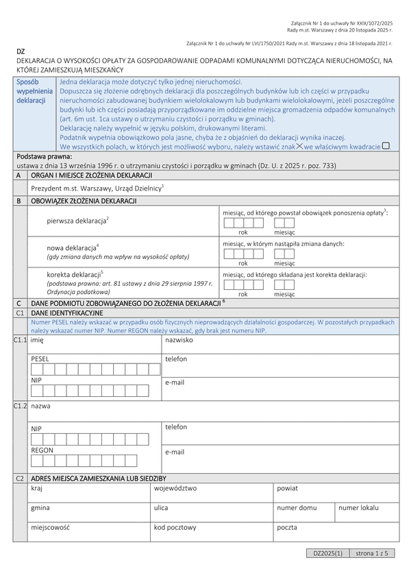 DZ Deklaracja o wysokości opłaty za gospodarowanie odpadami komunalnymi dotycząca nieruchomości na której zamieszkują mieszkańcy(Warszawa)
