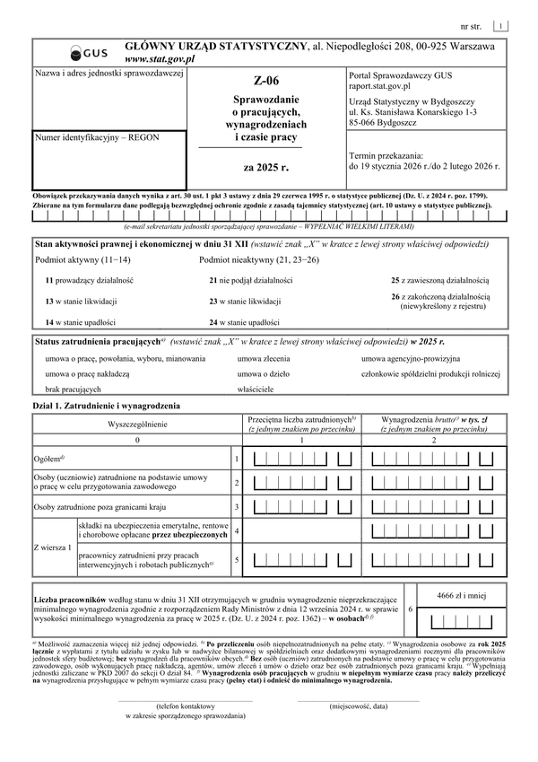 GUS Z-06 (2025) Sprawozdanie o pracujących, wynagrodzeniach i czasie pracy za 2025 rok