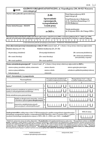 GUS Z-06 (2025) Sprawozdanie o pracujących, wynagrodzeniach i czasie pracy za 2025 rok