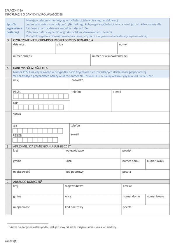 ZA mz Załącznik do deklaracji DM i DZ - Informacje o danych współwłaścicieli