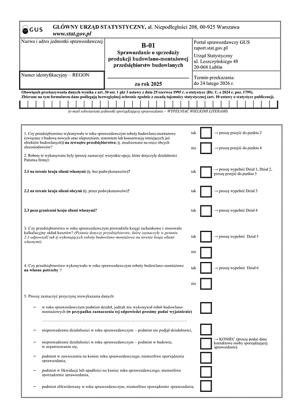 GUS B-01 (2025) Sprawozdanie o sprzedaży produkcji budowlano-montażowej przedsiębiorstw budowlanych za rok 2025