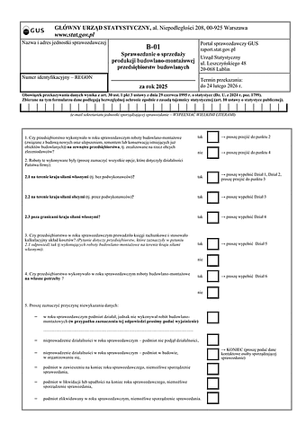 GUS B-01 (2025) Sprawozdanie o sprzedaży produkcji budowlano-montażowej przedsiębiorstw budowlanych za rok 2025