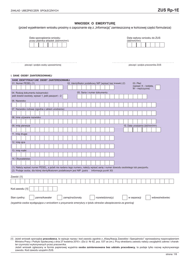 ZUS RP-1E (archiwalny) Wniosek o emeryturę