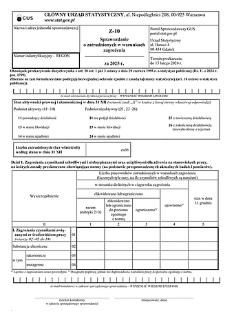 GUS Z-10 (2025) Sprawozdanie o warunkach pracy za 2025 rok