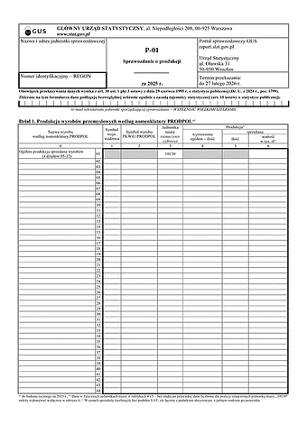 GUS P-01 (2025) Sprawozdanie o produkcji za 2025 rok
