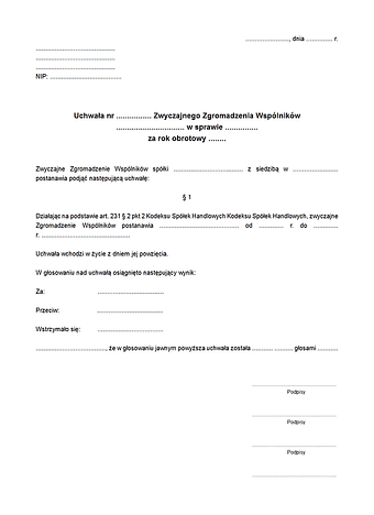 UZPZPS Uchwała Zwyczajnego Zgromadzenia Wspólników spółki z ograniczoną odpowiedzialnością w sprawie podziału zysku / pokrycia straty za rok obrotowy