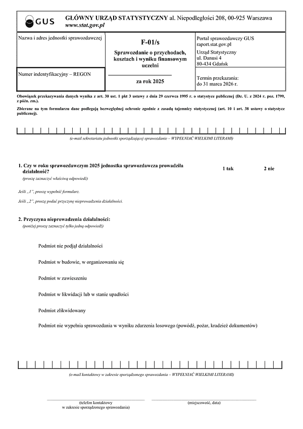 GUS F-01/s (2025) Sprawozdanie o przychodach, kosztach i wyniku finansowym szkół wyższych za rok 2025