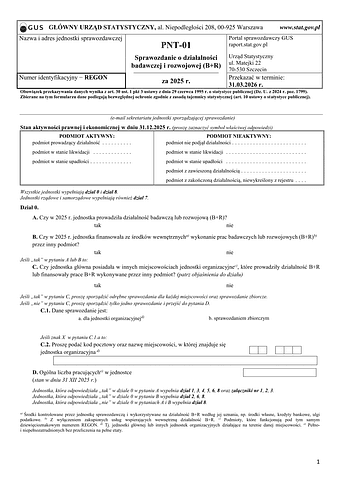 PNT-01 sprawozdanie o działalności badawczej i rozwojowej