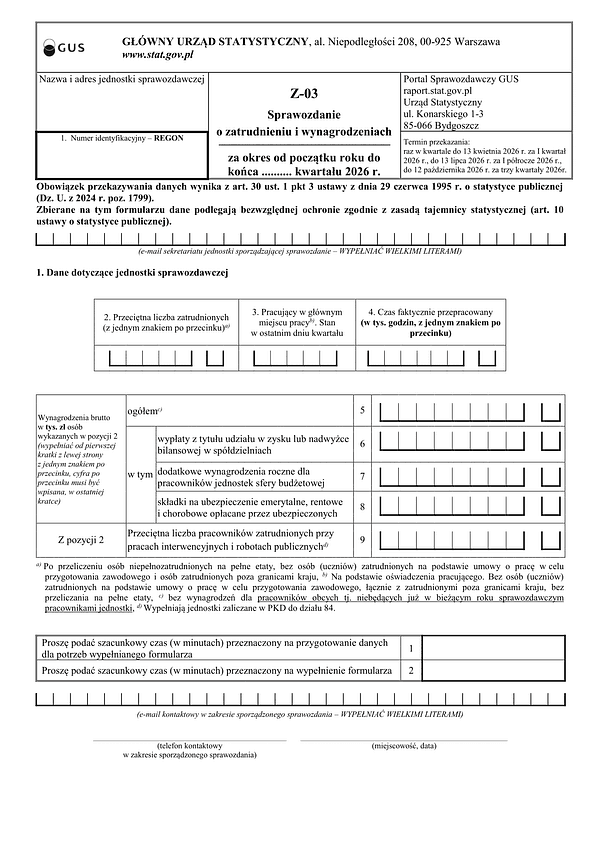 GUS Z-03 (2026) Sprawozdanie o zatrudnieniu i wynagrodzeniach