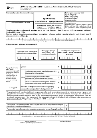 GUS Z-03 (2026) Sprawozdanie o zatrudnieniu i wynagrodzeniach