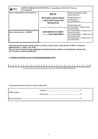 GUS RF-01 (2026) Kwartalne statystyczne sprawozdanie o aktywach i pasywach finansowych