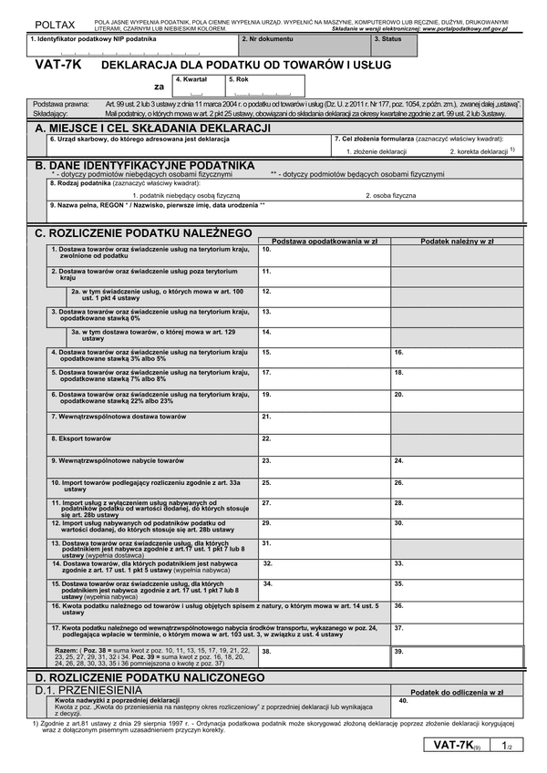 VAT-7K (9) (archiwalny) Deklaracja dla podatku od towarów i usług