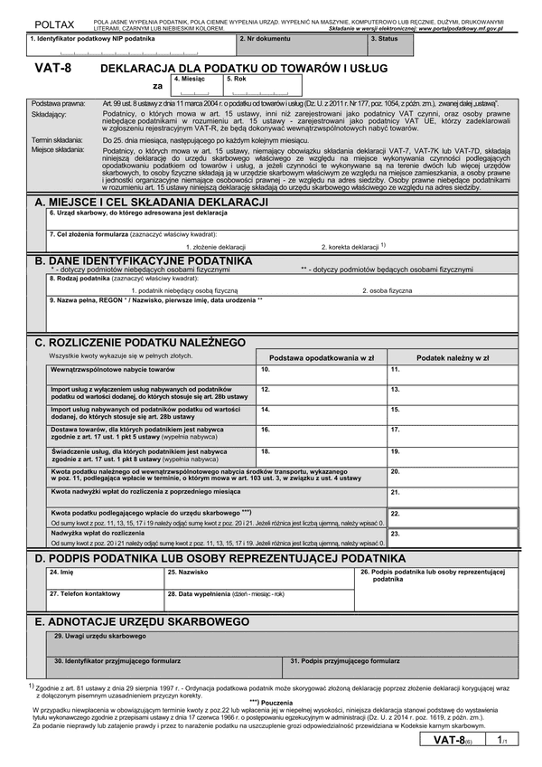 VAT-8 (6) (archiwalny) Deklaracja dla podatku od towarów i usług