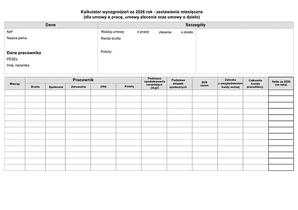 KznPZZ2026 Kalkulator kwot zaliczek i netto PIT/ZUS/zdrowotne za 2026 - zestawienie miesięczne (dla umowy o pracę, umowy zlecenie oraz umowy o dzieło)