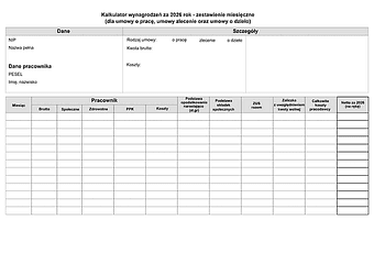 KznPZZ2026 Kalkulator kwot zaliczek i netto PIT/ZUS/zdrowotne za 2026 - zestawienie miesięczne (dla umowy o pracę, umowy zlecenie oraz umowy o dzieło)