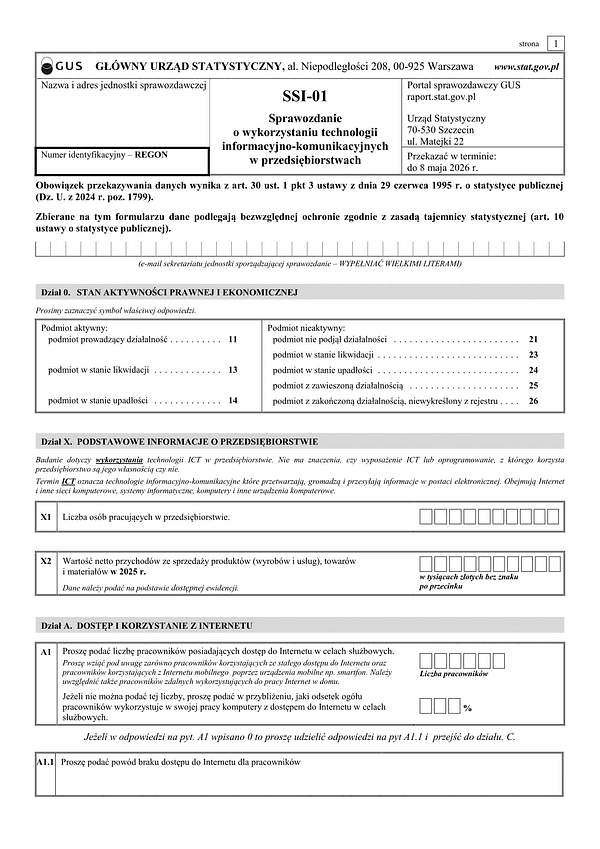 GUS SSI-01 (2026) Sprawozdanie o wykorzystaniu technologii informacyjno-telekomunikacyjnych w przedsiębiorstwach
