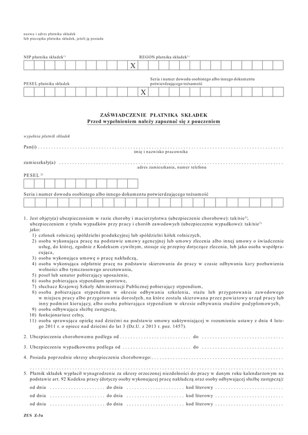 ZUS Z-3a (archiwalny) (od VII 2015) Zaświadczenie płatnika składek