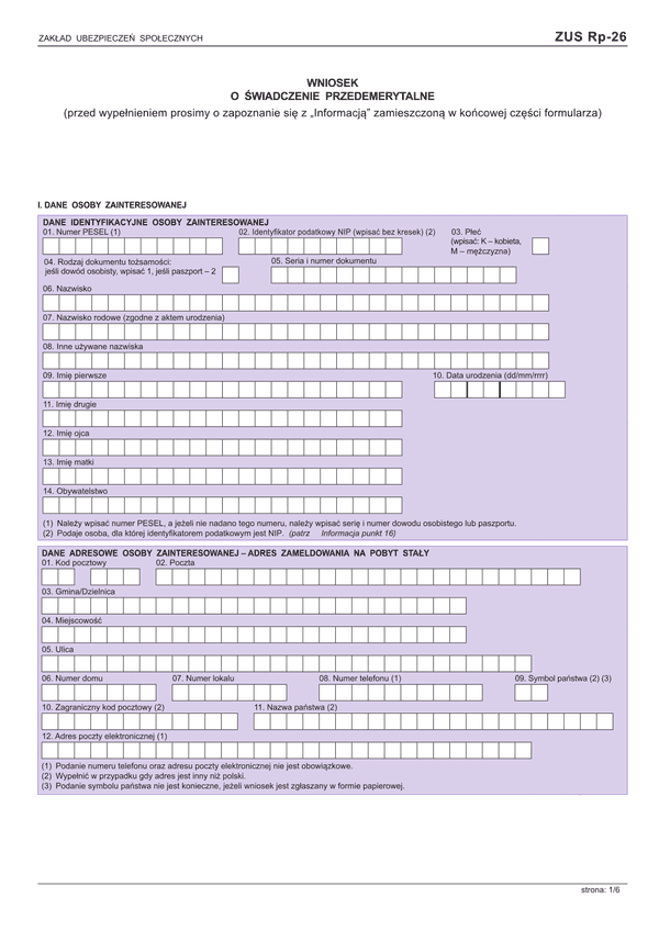 ZUS RP-26 (archiwalny) (od VII 2015) Wniosek o świadczenie przedemerytalne