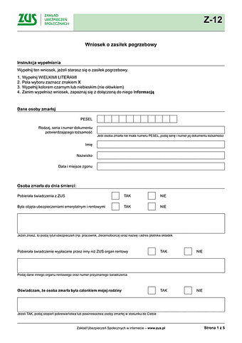 ZUS Z-12 Wniosek o wypłatę zasiłku pogrzebowego - wersja papierowa