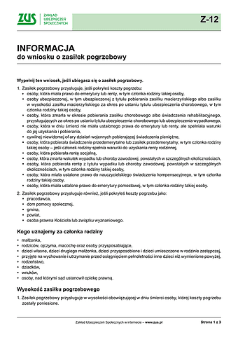 ZUS INF Informacja do wniosku o zasiłek pogrzebowy