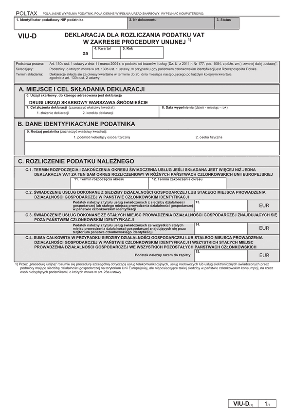 VIU-D (1) (archiwalny) Deklaracja dla rozliczania podatku VAT w zakresie procedury unijnej (OSS)