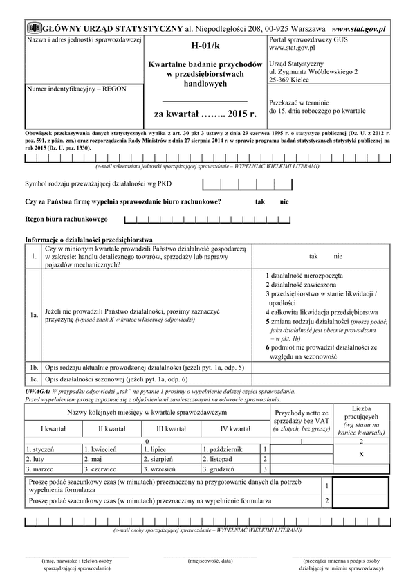 GUS H-01/k (2015) (archiwalny) Kwartalne badanie przychodów w przedsiębiorstwach handlowych