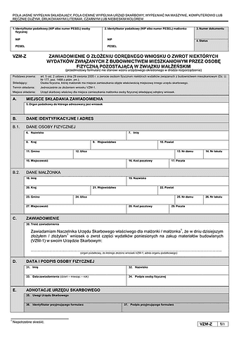 VZM-Z Zawiadomienie o złożeniu odrębnego wniosku o zwrot niektórych wydatków związanych z budownictwem mieszkaniowym przez osobę fizyczną pozostającą w związku małżeńskim