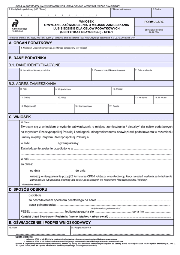 W CFR-1 (archiwalny) Wniosek o wydanie zaświadczenia o miejscu zamieszkania lub siedzibie dla celów podatkowych (certyfikat rezydencji) - CFR-1
