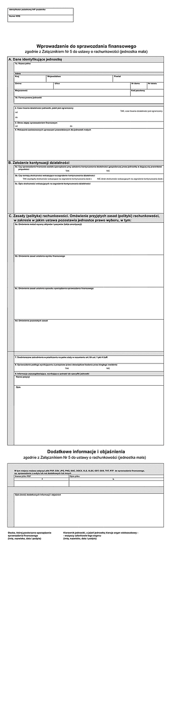 SFJMA Info (2) Wprowadzenie oraz dodatkowe informacje i objaśnienia do sprawozdania finansowego - zgodnie z Załącznikiem Nr 5 do ustawy o rachunkowości (jednostka mała) w złotych - z wysyłką pliku xml JPK_SF