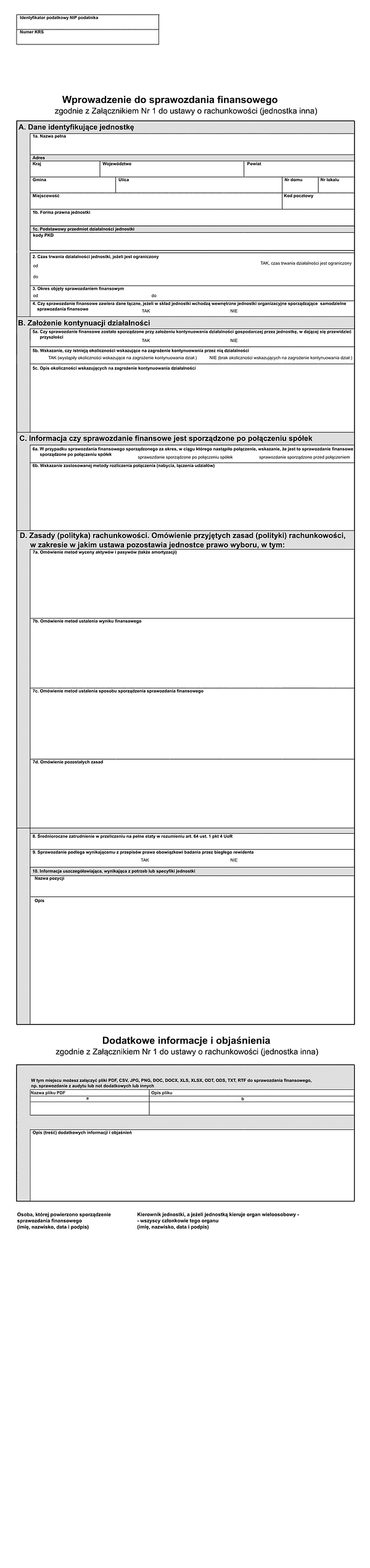 SFJIN Info (2) Wprowadzenie do sprawozdania finansowego oraz dodatkowe informacje i objaśnienia do sprawozdania dla jednostek innych - zgodnie z Załącznikiem Nr 1 do ustawy o rachunkowości - z wysyłką pliku xml JPK_