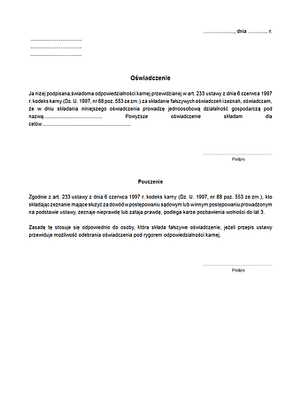 OopdG Oświadczenie o prowadzeniu działalności gospodarczej