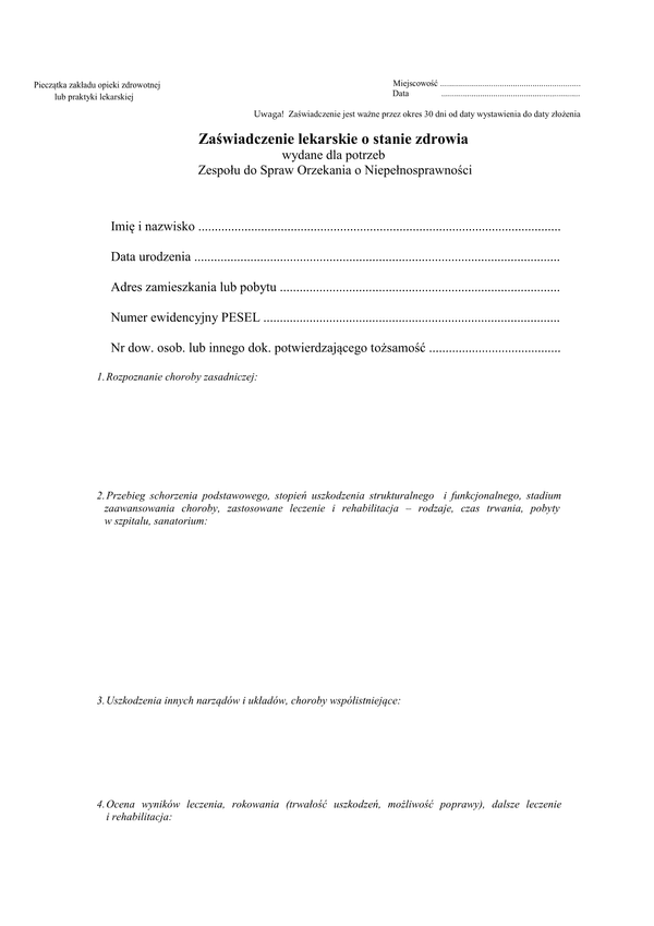 ZzdsON Zaświadczenie lekarskie o stanie zdrowia wydane dla potrzeb Zespołu do Spraw Orzekania o Niepełnosprawności (dla osób powyżej 16 lat)