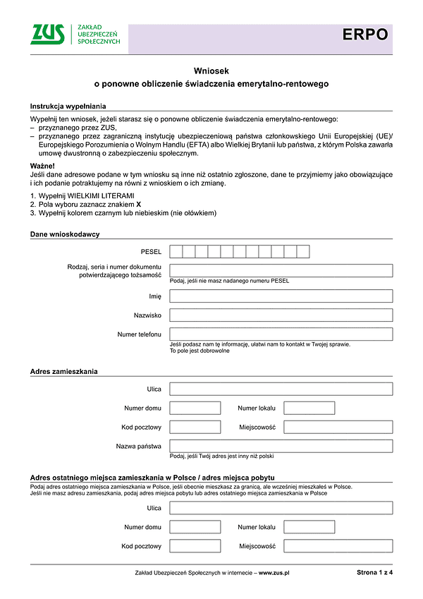 ZUS ERPO Wniosek o ponowne obliczenie świadczenia emerytalno-rentowego - wersja papierowa
