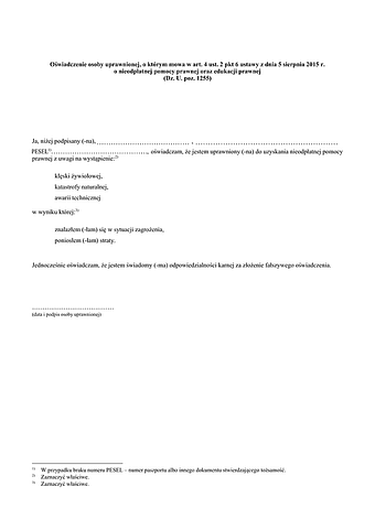 PP-zał.1 Oświadczenie osoby uprawnionej, o którym mowa w art. 4 ust. 2 pkt 6 ustawy z dnia 5 sierpnia 2015 r. o nieodpłatnej pomocy prawnej oraz edukacji prawnej (Dz. U. poz. 1255)