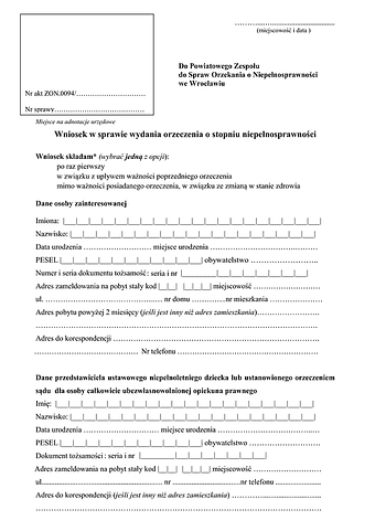WwSNWr Wniosek o wydanie orzeczenia o stopniu niepełnosprawności (powyżej 16 lat) - Wrocław