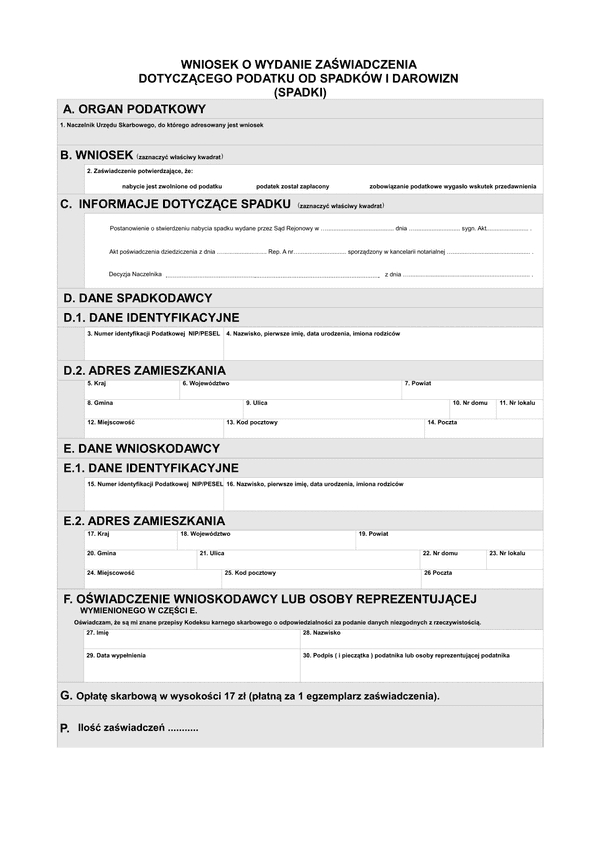 WoSD Wniosek o wydanie zaświadczenia dotyczącego podatku od spadków i darowizn (spadków)