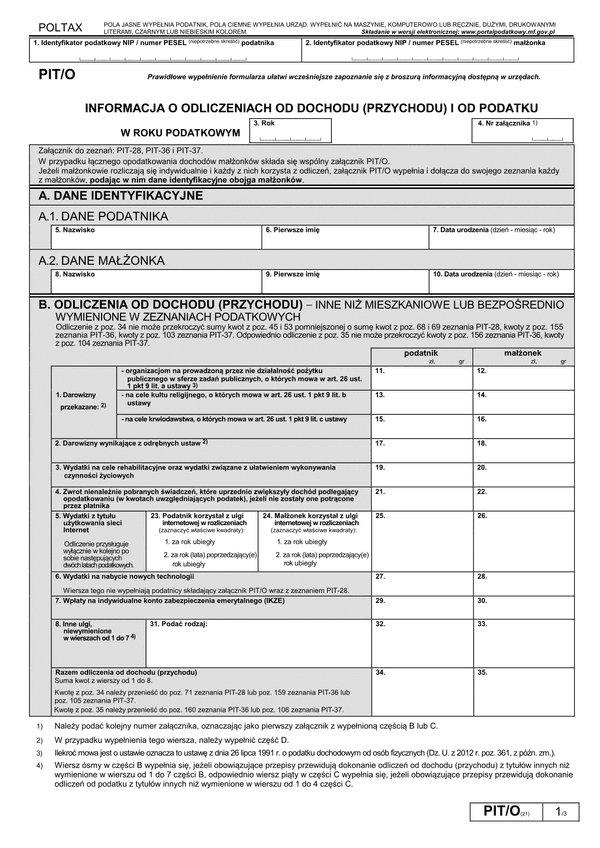 PIT/O (21) (2015) (archiwalny) Informacja o odliczeniach od dochodu (przychodu) i od podatku w roku podatkowym