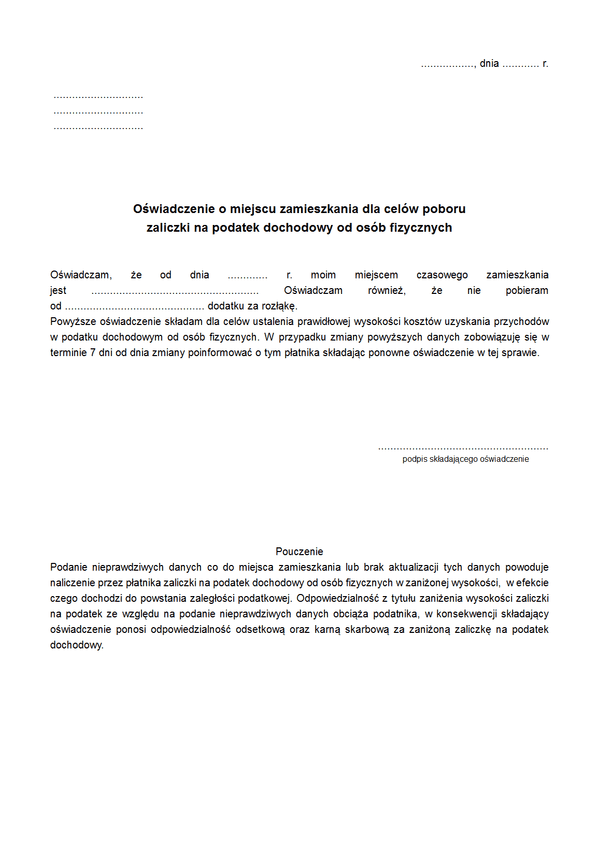 OoMZ(p) Oświadczenie o miejscu zamieszkania dla celów poboru zaliczki na podatek dochodowy od osób fizycznych