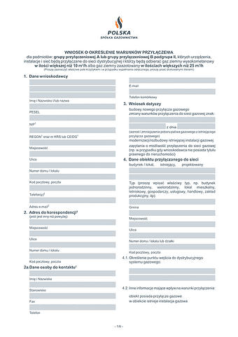 WowP Wniosek o określenie warunków przyłączenia dla podmiotów: grupy przyłączeniowej A lub grupy przyłączeniowej B podgrupa II