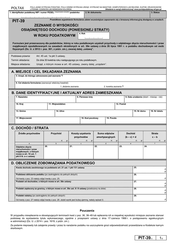 PIT-39 (7) (archiwalny) (2015) Zeznanie o wysokości osiągniętego dochodu (poniesionej straty)