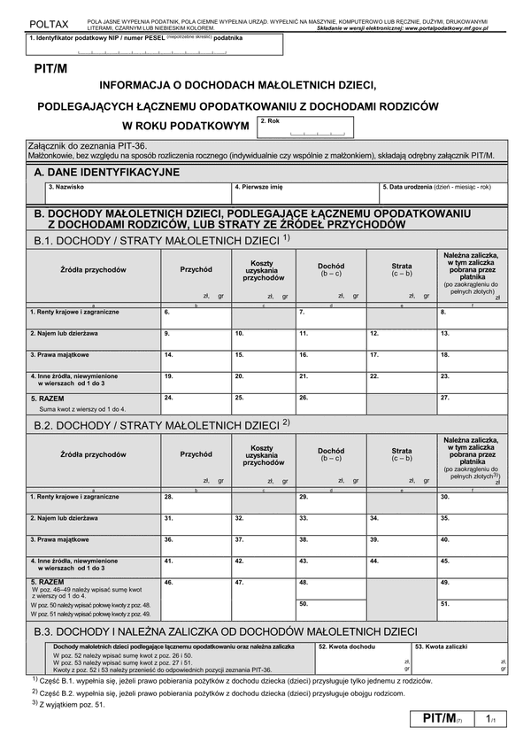 PIT/M (7) (archiwalny) (2015-2017) Informacja o dochodach małoletnich dzieci, podlegających łącznemu opodatkowaniu z dochodami rodziców
