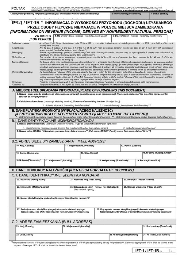 IFT-1R (13) (archiwalny) (2015, 2016, 2017) Informacja o wysokości przychodu (dochodu) uzyskanego przez osoby fizyczne niemające w Polsce miejsca zamieszkania